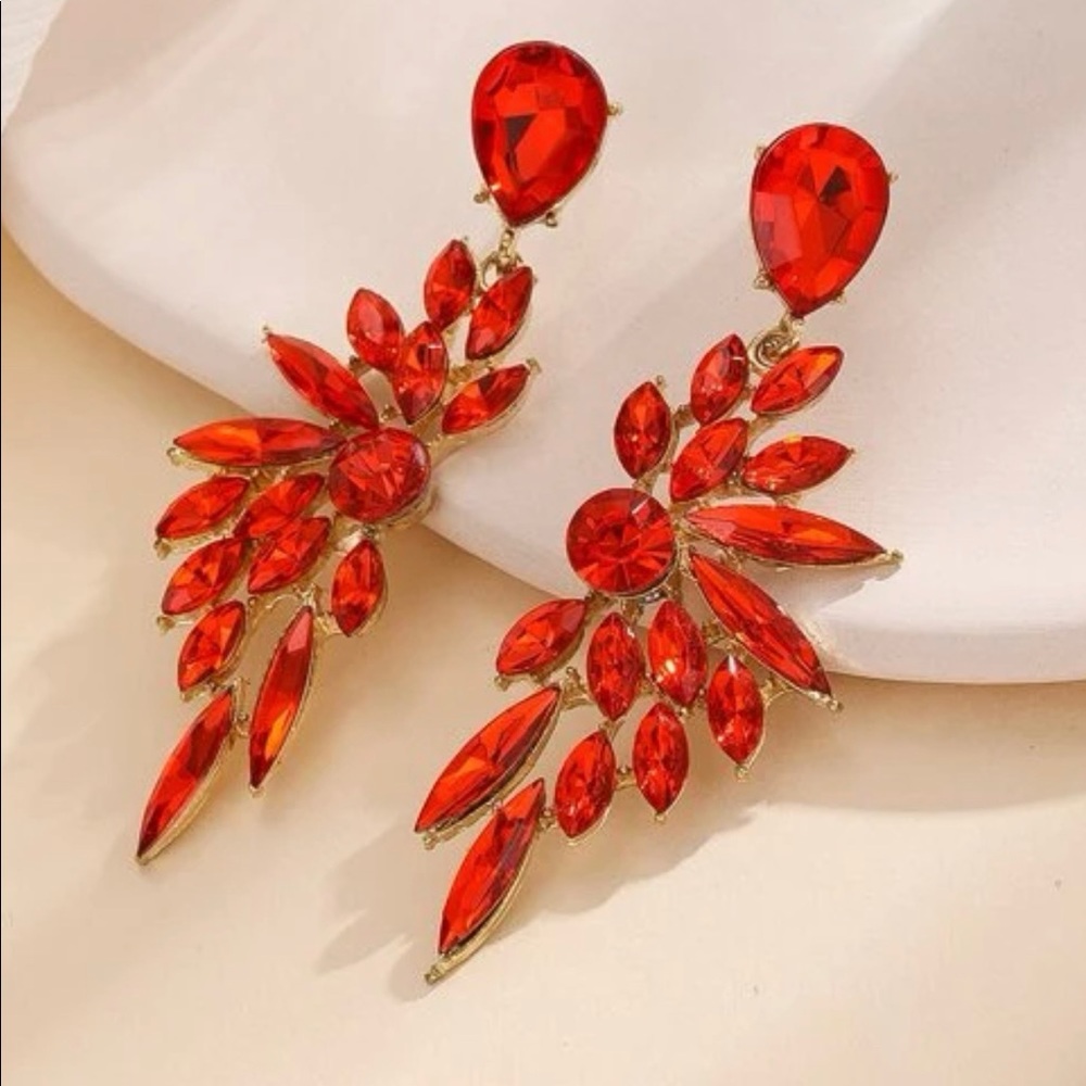 Red Dangling Pierced Earrings - Faux Ruby
